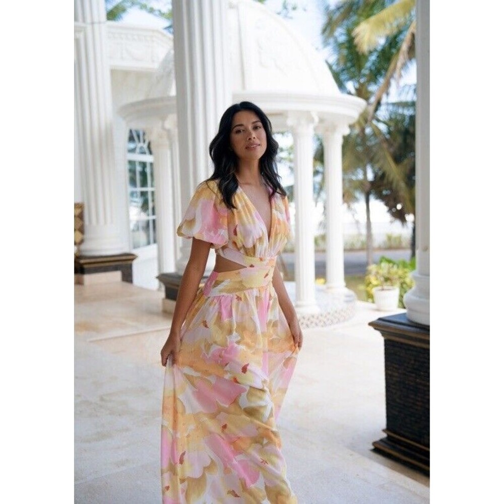ALL ABOUT MAY Womens Size 2 Floral Cutout Maxi Dress Beachy Boho Puff Sleeve